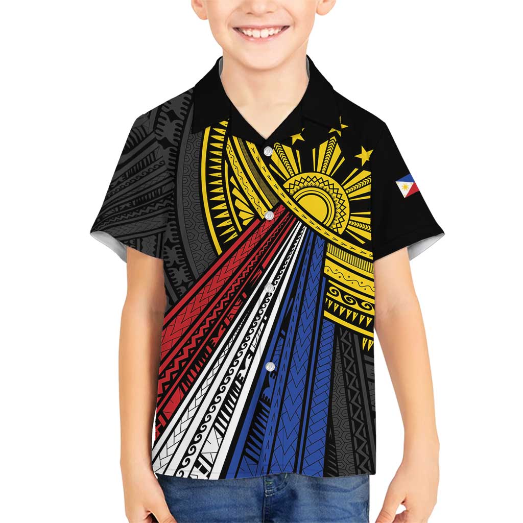 Philippines Sun Family Matching Tank Maxi Dress and Hawaiian Shirt Pasifika Tribal Style LT7 Son's Shirt Black - Polynesian Pride