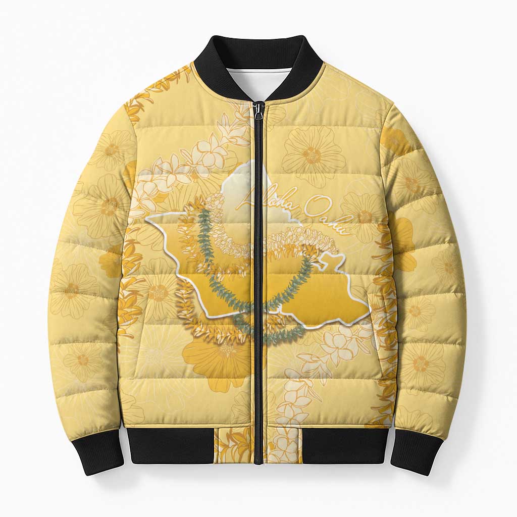 Hawaii Oahu Island Flowers Lei Bomber Puffer Jacket Yellow Ilima Mix Plumeria LT7 Unisex Yellow - Polynesian Pride