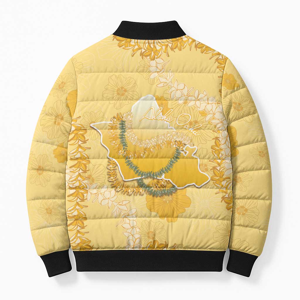 Hawaii Oahu Island Flowers Lei Bomber Puffer Jacket Yellow Ilima Mix Plumeria LT7 - Polynesian Pride