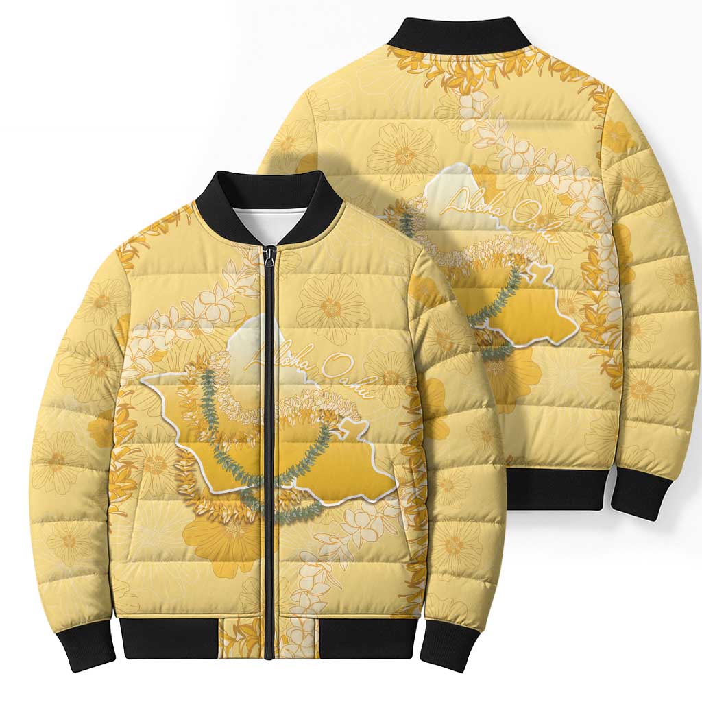 Hawaii Oahu Island Flowers Lei Bomber Puffer Jacket Yellow Ilima Mix Plumeria LT7 - Polynesian Pride