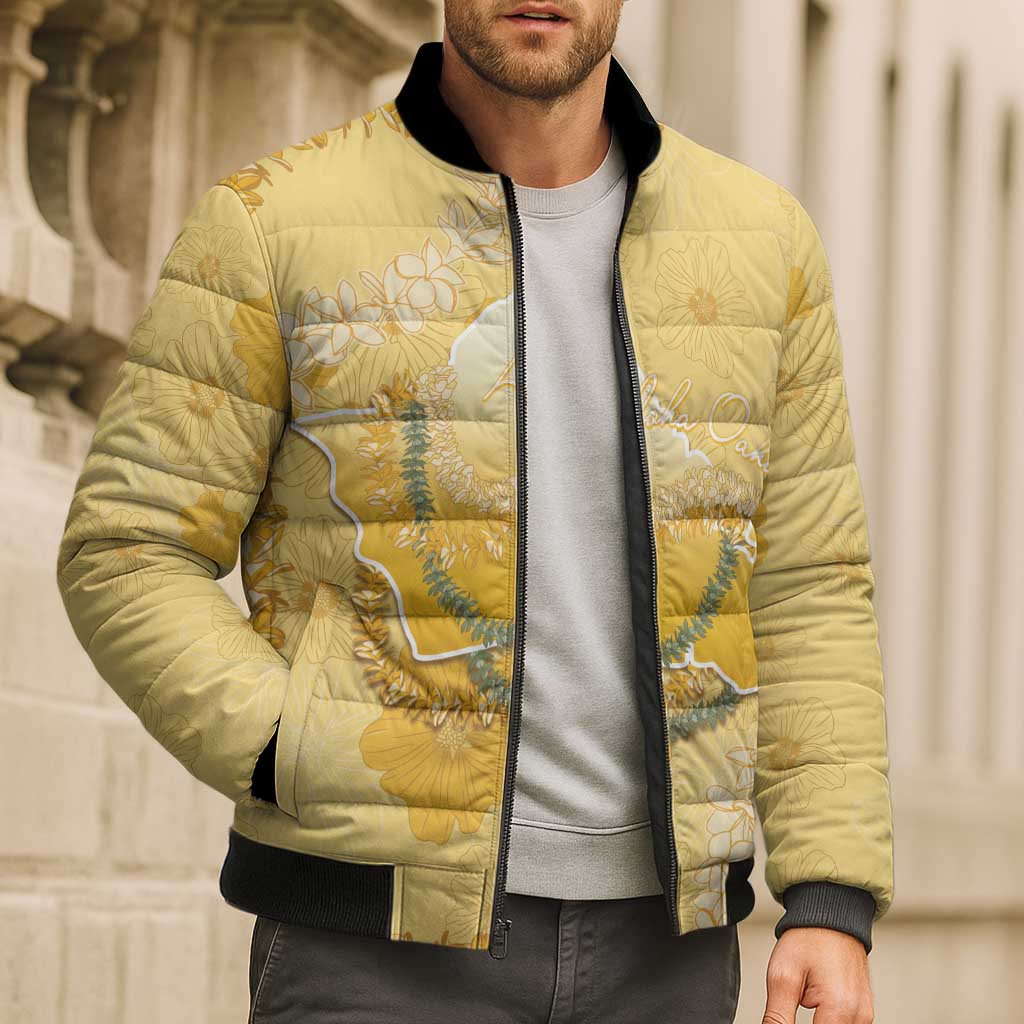 Hawaii Oahu Island Flowers Lei Bomber Puffer Jacket Yellow Ilima Mix Plumeria LT7 - Polynesian Pride