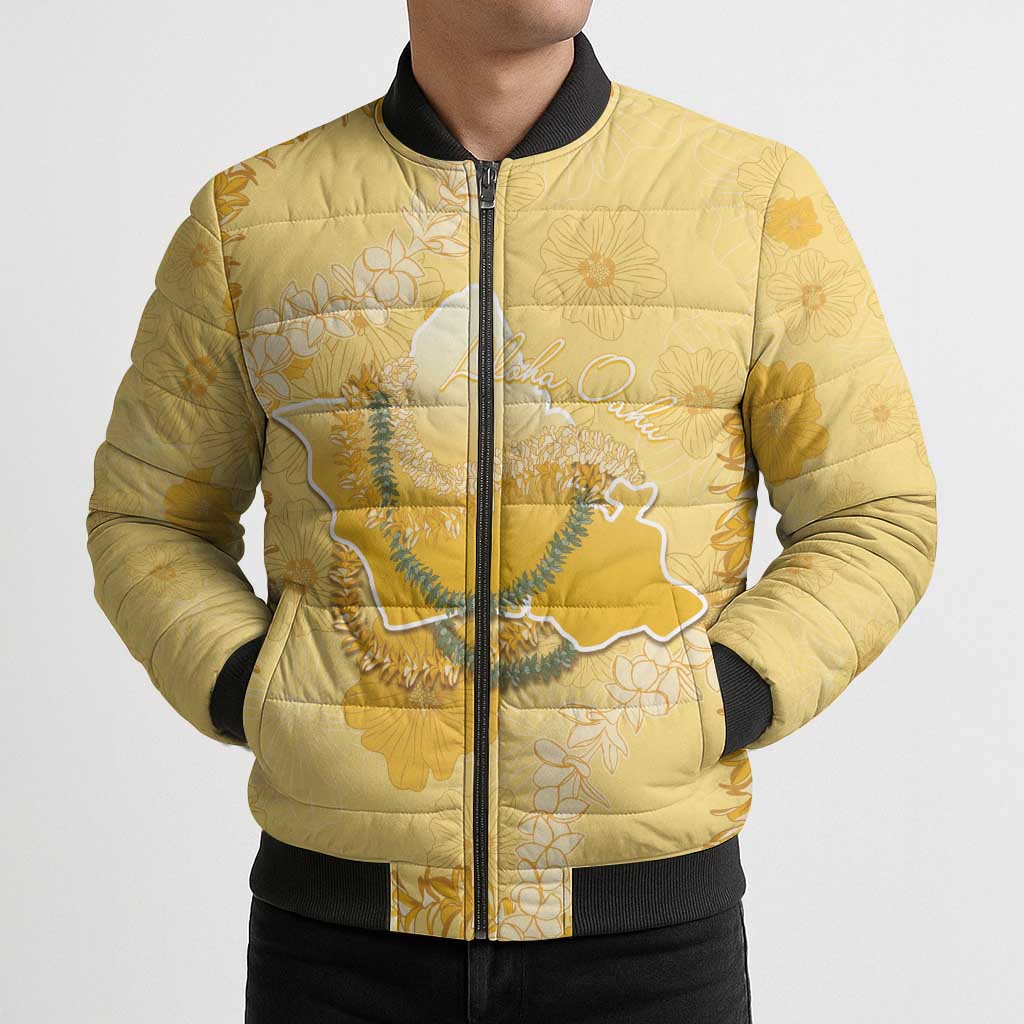 Hawaii Oahu Island Flowers Lei Bomber Puffer Jacket Yellow Ilima Mix Plumeria LT7 - Polynesian Pride