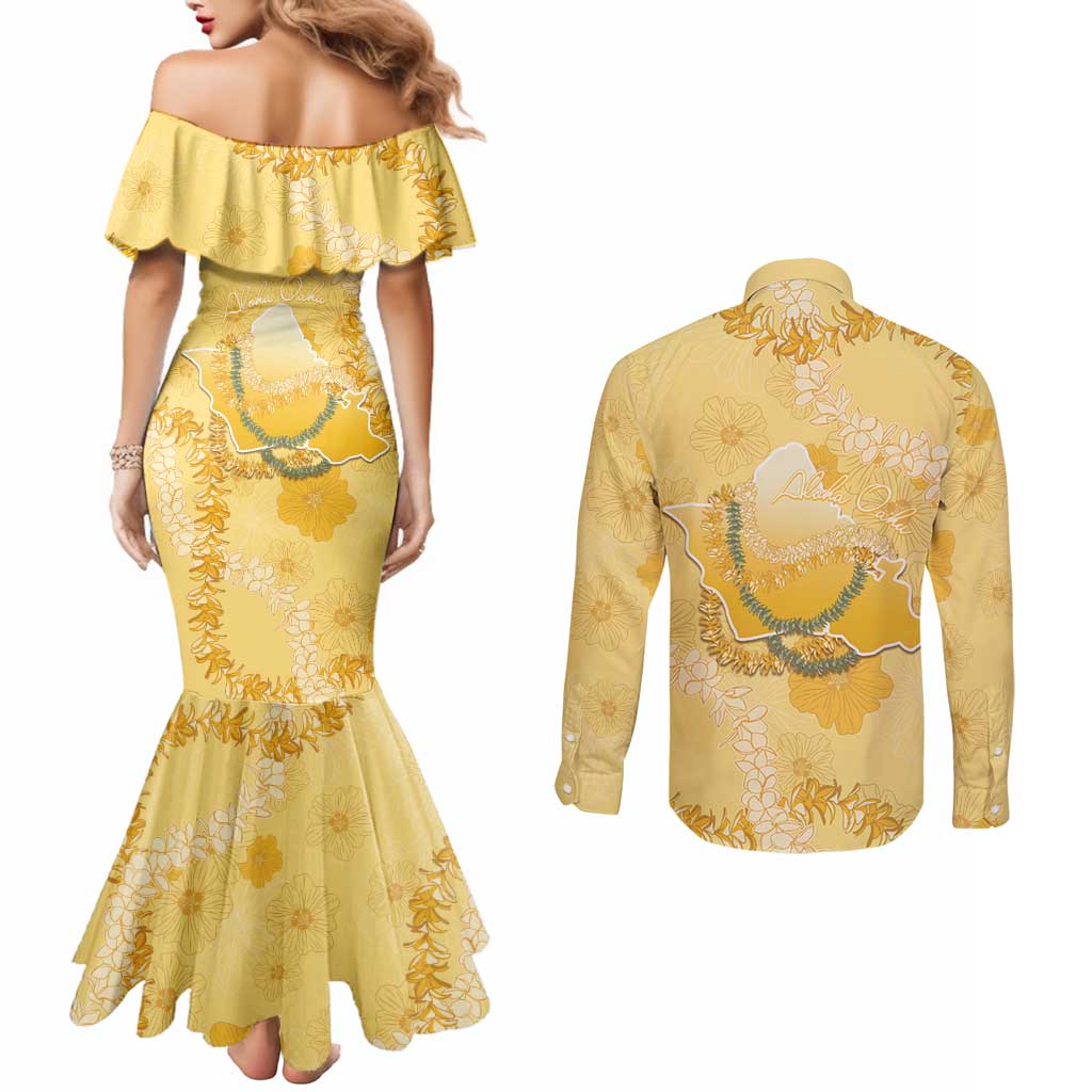 Hawaii Oahu Island Flowers Lei Couples Matching Mermaid Dress and Long Sleeve Button Shirt Yellow Ilima Mix Plumeria LT7 - Polynesian Pride