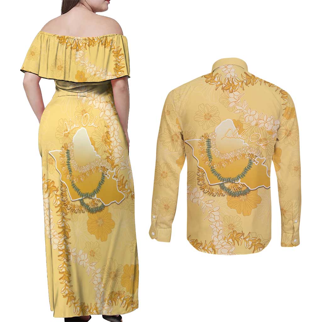 Hawaii Oahu Island Flowers Lei Couples Matching Off Shoulder Maxi Dress and Long Sleeve Button Shirt Yellow Ilima Mix Plumeria LT7 - Polynesian Pride