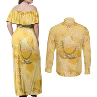 Hawaii Oahu Island Flowers Lei Couples Matching Off Shoulder Maxi Dress and Long Sleeve Button Shirt Yellow Ilima Mix Plumeria LT7 - Polynesian Pride