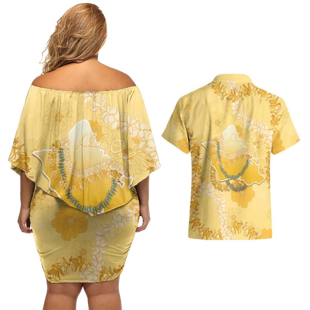 Hawaii Oahu Island Flowers Lei Couples Matching Off Shoulder Short Dress and Hawaiian Shirt Yellow Ilima Mix Plumeria LT7 - Polynesian Pride