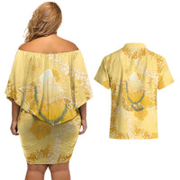Hawaii Oahu Island Flowers Lei Couples Matching Off Shoulder Short Dress and Hawaiian Shirt Yellow Ilima Mix Plumeria LT7 - Polynesian Pride