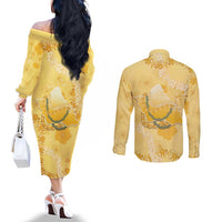 Hawaii Oahu Island Flowers Lei Couples Matching Off The Shoulder Long Sleeve Dress and Long Sleeve Button Shirt Yellow Ilima Mix Plumeria LT7 - Polynesian Pride