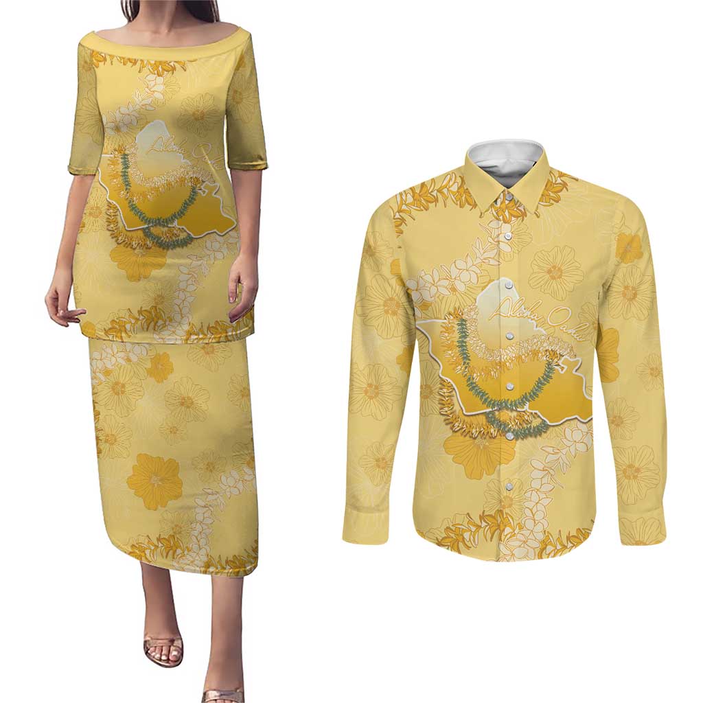 Hawaii Oahu Island Flowers Lei Couples Matching Puletasi and Long Sleeve Button Shirt Yellow Ilima Mix Plumeria