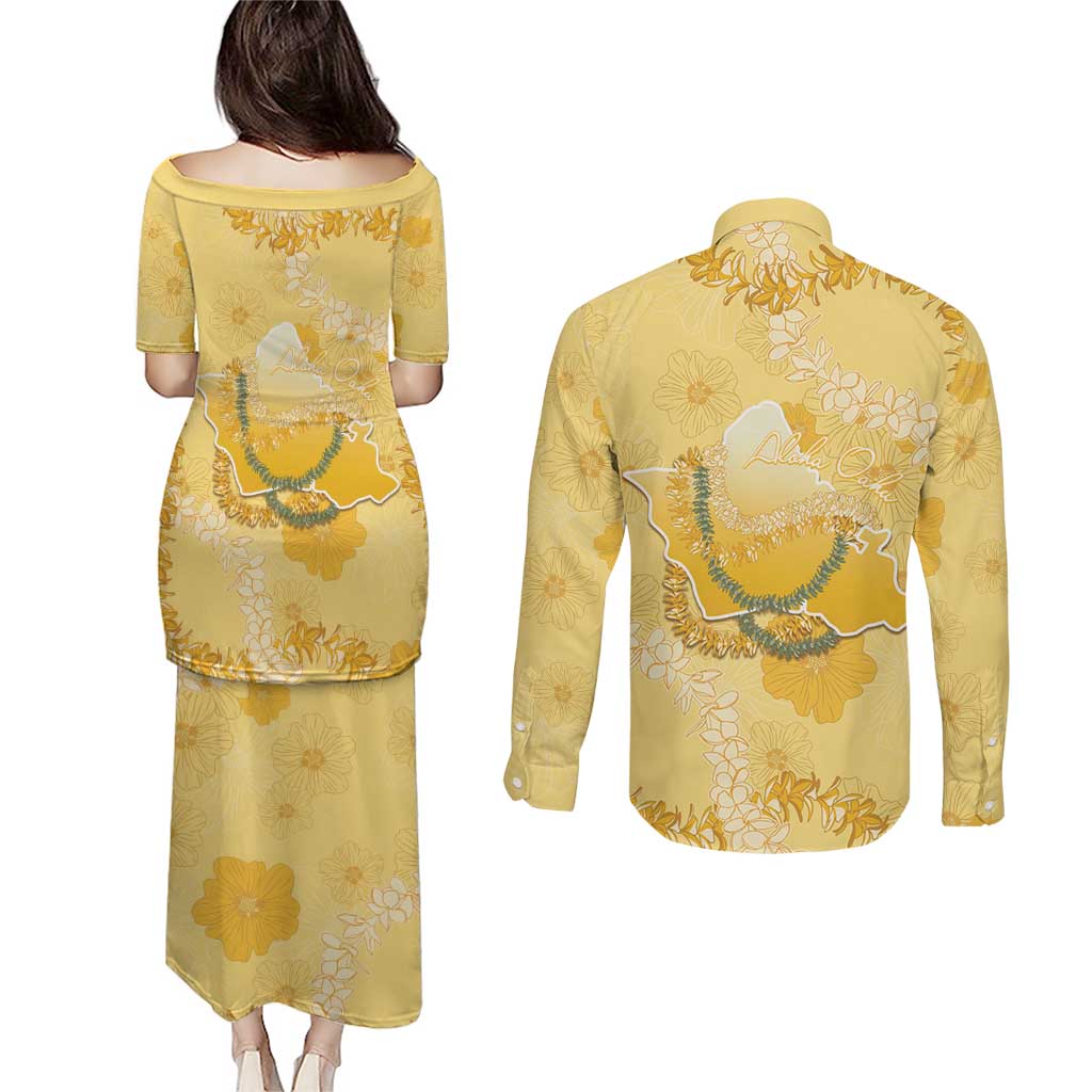 Hawaii Oahu Island Flowers Lei Couples Matching Puletasi and Long Sleeve Button Shirt Yellow Ilima Mix Plumeria LT7 - Polynesian Pride