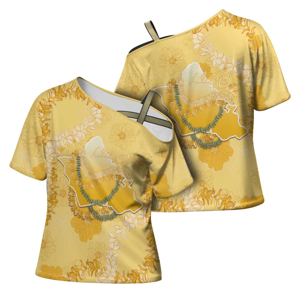 Hawaii Oahu Island Flowers Lei Cross Shoulder Shirt Yellow Ilima Mix Plumeria LT7 - Polynesian Pride