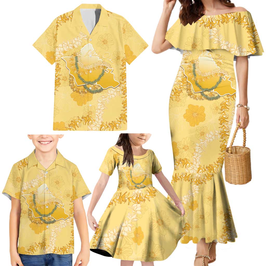 Hawaii Oahu Island Flowers Lei Family Matching Mermaid Dress and Hawaiian Shirt Yellow Ilima Mix Plumeria LT7 - Polynesian Pride