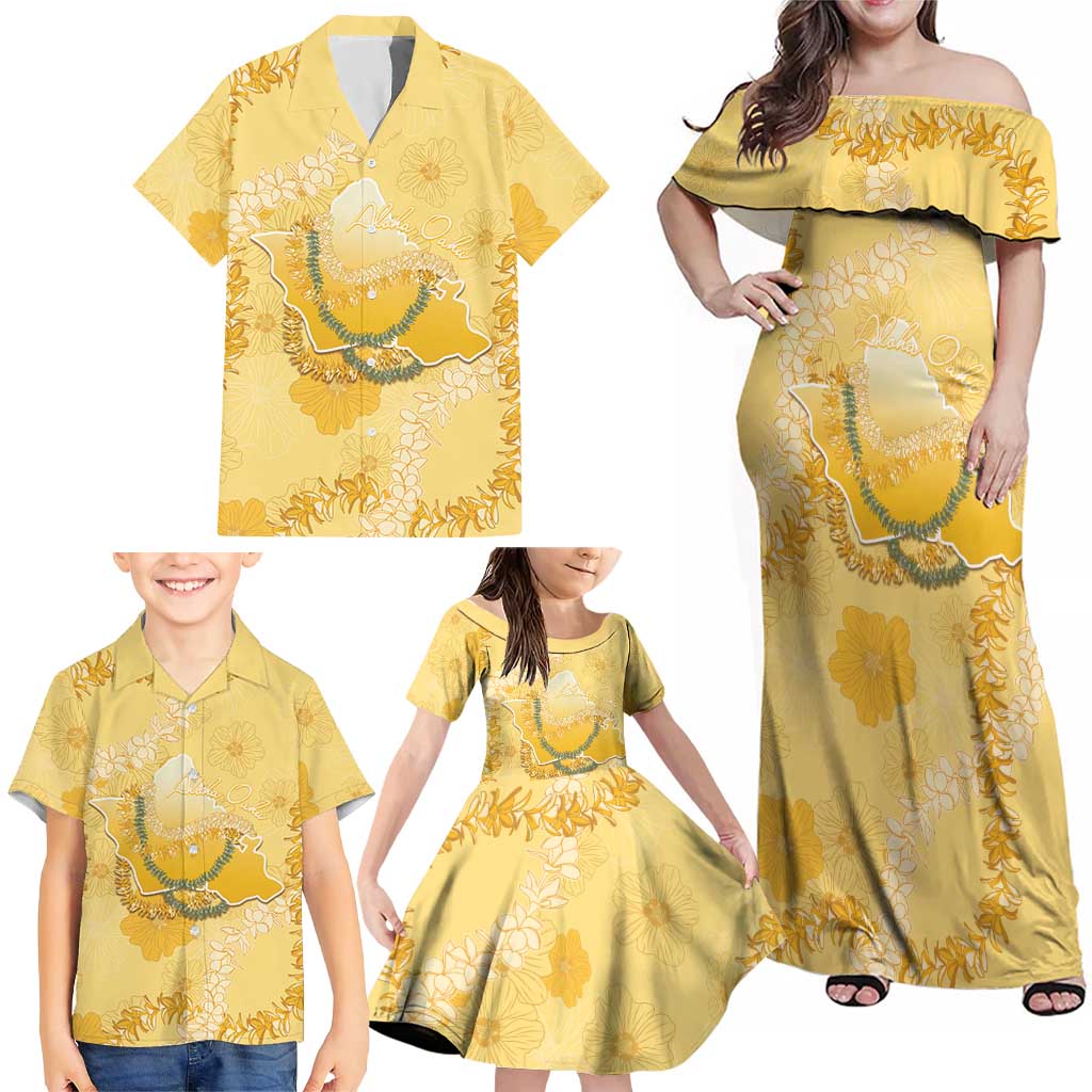 Hawaii Oahu Island Flowers Lei Family Matching Off Shoulder Maxi Dress and Hawaiian Shirt Yellow Ilima Mix Plumeria LT7 - Polynesian Pride