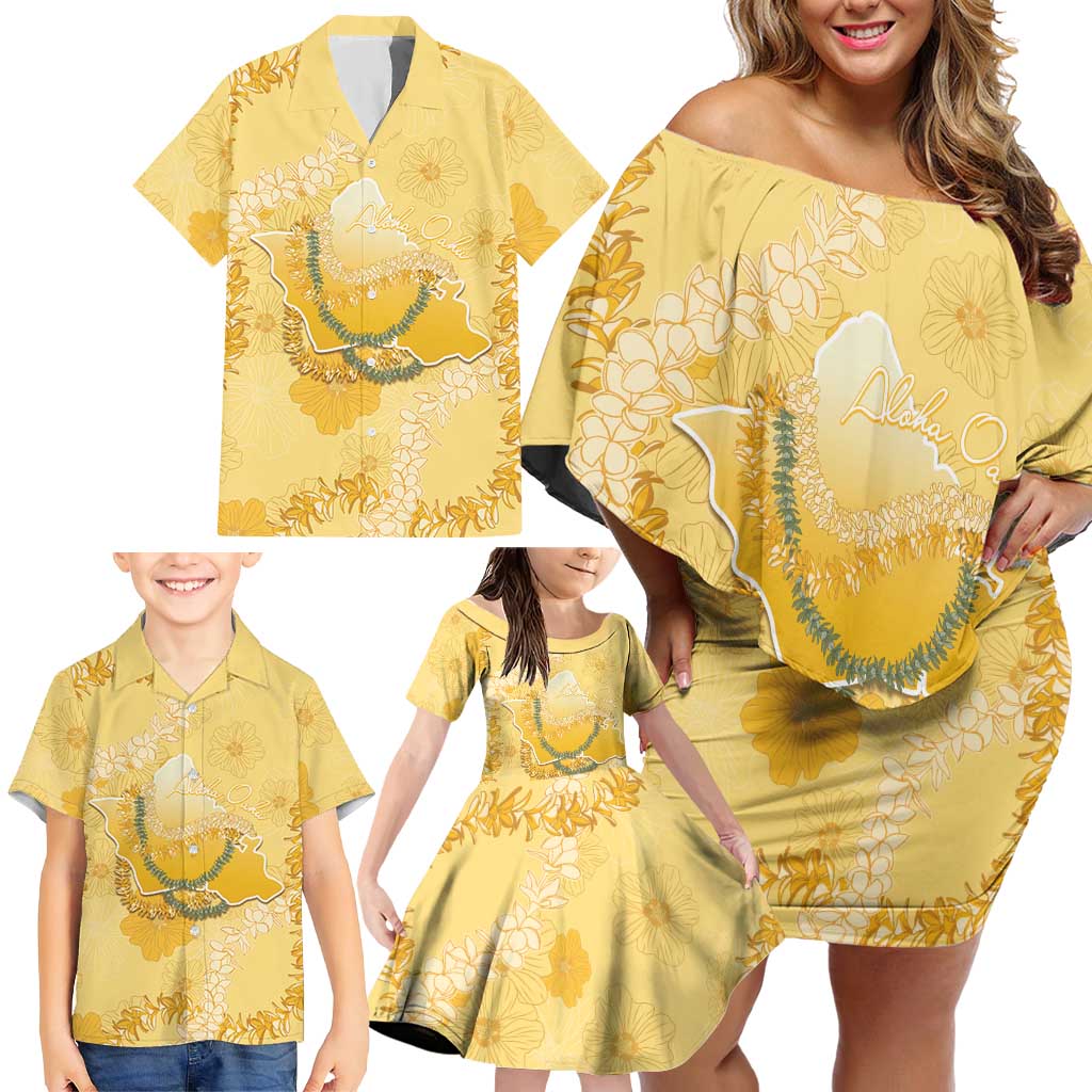 Hawaii Oahu Island Flowers Lei Family Matching Off Shoulder Short Dress and Hawaiian Shirt Yellow Ilima Mix Plumeria LT7 - Polynesian Pride