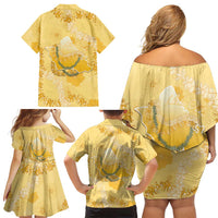 Hawaii Oahu Island Flowers Lei Family Matching Off Shoulder Short Dress and Hawaiian Shirt Yellow Ilima Mix Plumeria LT7 - Polynesian Pride