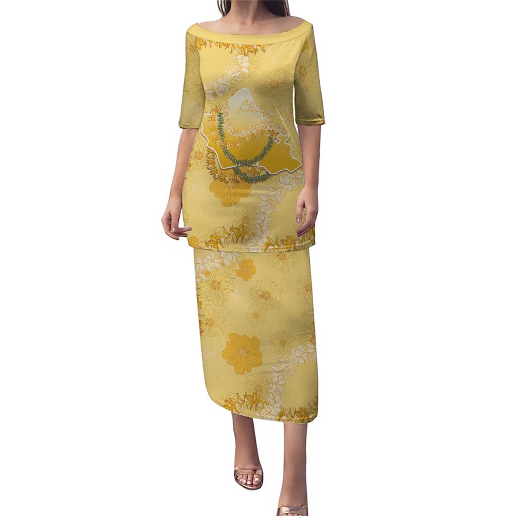Hawaii Oahu Island Flowers Lei Family Matching Puletasi and Hawaiian Shirt Yellow Ilima Mix Plumeria LT7 Mom's Dress Yellow - Polynesian Pride