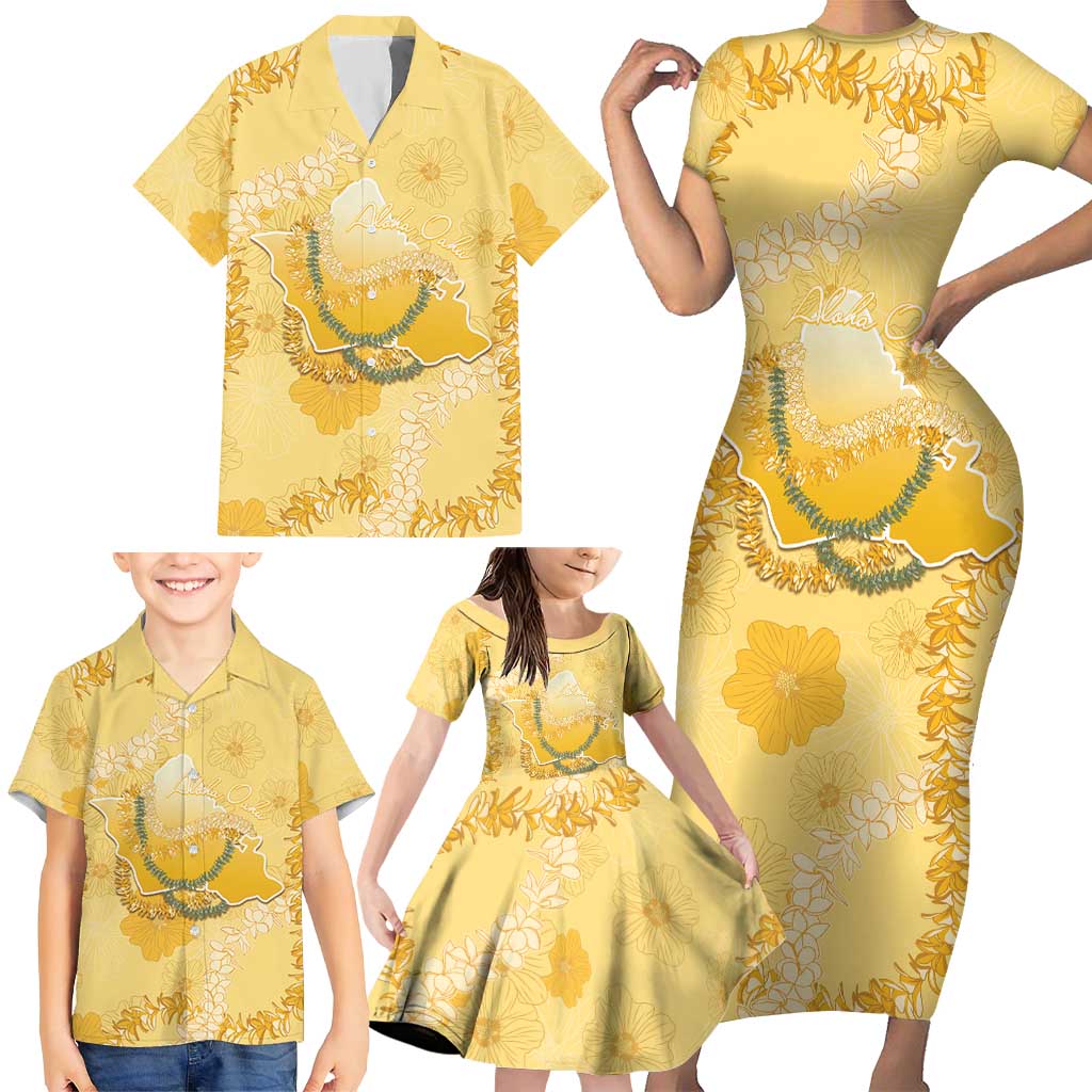 Hawaii Oahu Island Flowers Lei Family Matching Short Sleeve Bodycon Dress and Hawaiian Shirt Yellow Ilima Mix Plumeria LT7 - Polynesian Pride