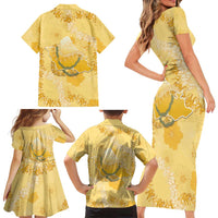 Hawaii Oahu Island Flowers Lei Family Matching Short Sleeve Bodycon Dress and Hawaiian Shirt Yellow Ilima Mix Plumeria LT7 - Polynesian Pride