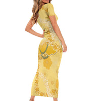 Hawaii Oahu Island Flowers Lei Family Matching Short Sleeve Bodycon Dress and Hawaiian Shirt Yellow Ilima Mix Plumeria LT7 - Polynesian Pride