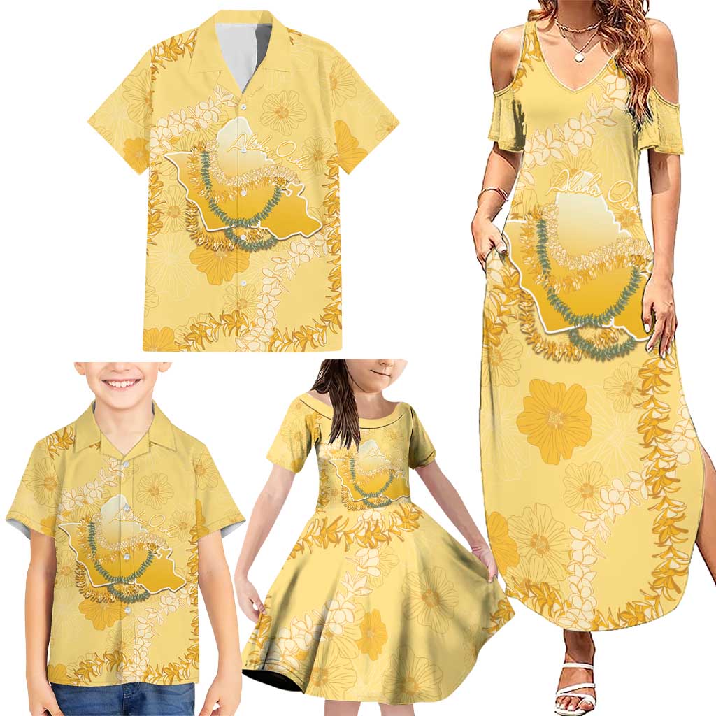 Hawaii Oahu Island Flowers Lei Family Matching Summer Maxi Dress and Hawaiian Shirt Yellow Ilima Mix Plumeria LT7 - Polynesian Pride