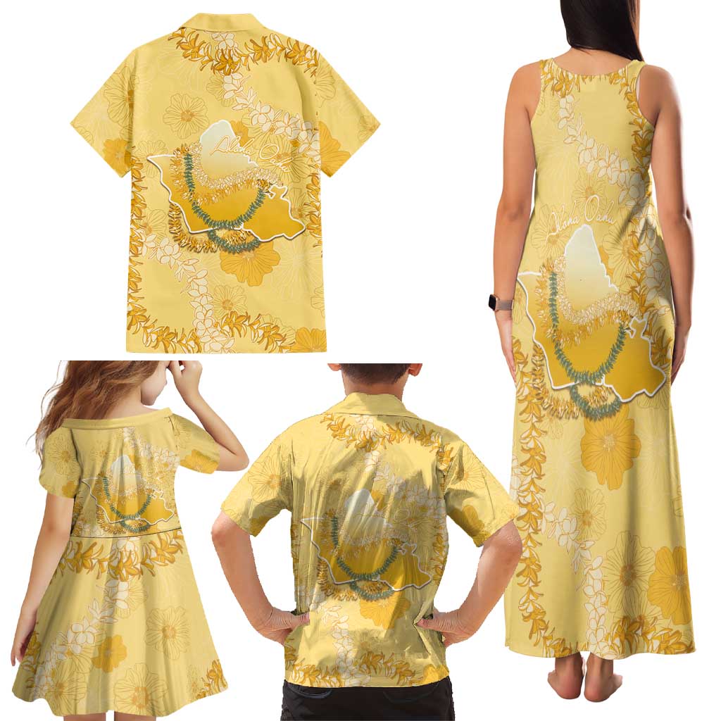 Hawaii Oahu Island Flowers Lei Family Matching Tank Maxi Dress and Hawaiian Shirt Yellow Ilima Mix Plumeria LT7 - Polynesian Pride