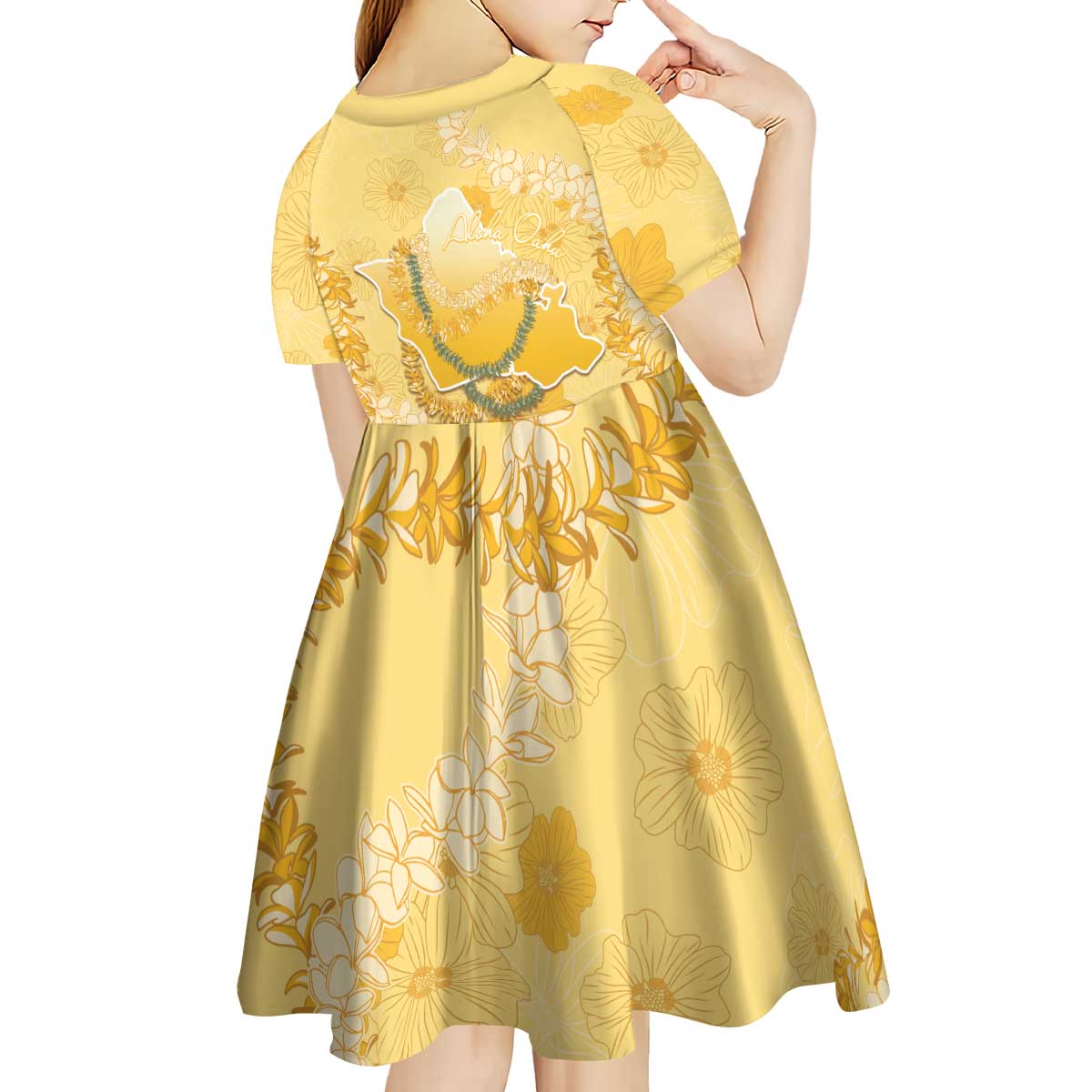 Hawaii Oahu Island Flowers Lei Kid Short Sleeve Dress Yellow Ilima Mix Plumeria LT7 - Polynesian Pride