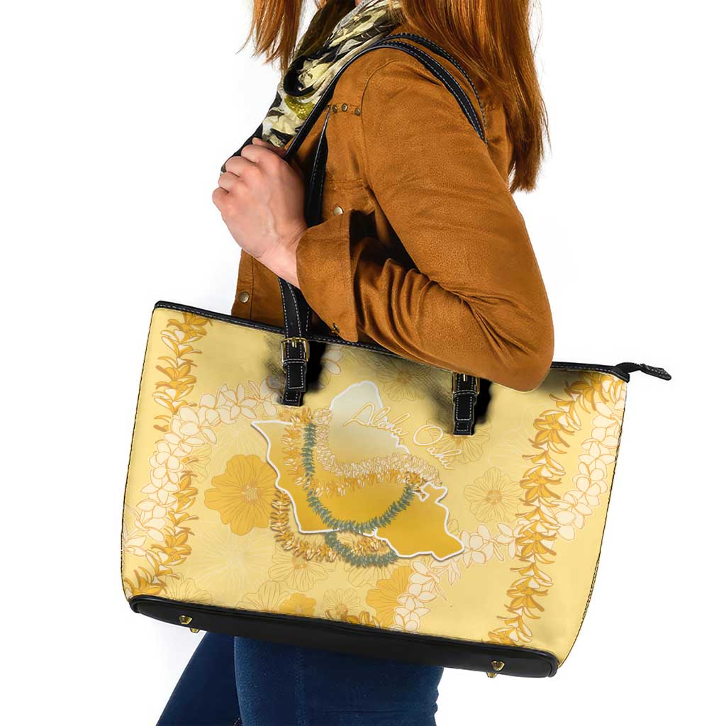 Hawaii Oahu Island Flowers Lei Leather Tote Bag Yellow Ilima Mix Plumeria