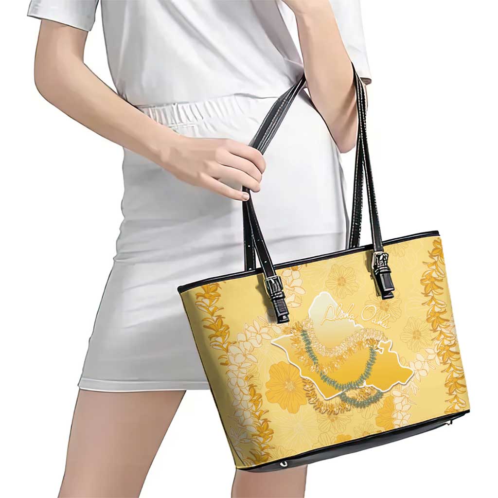 Hawaii Oahu Island Flowers Lei Leather Tote Bag Yellow Ilima Mix Plumeria