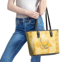 Hawaii Oahu Island Flowers Lei Leather Tote Bag Yellow Ilima Mix Plumeria