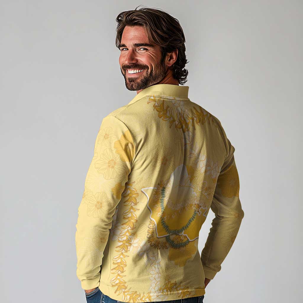 Hawaii Oahu Island Flowers Lei Long Sleeve Polo Shirt Yellow Ilima Mix Plumeria LT7 - Polynesian Pride