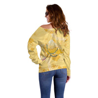 Hawaii Oahu Island Flowers Lei Off Shoulder Sweater Yellow Ilima Mix Plumeria