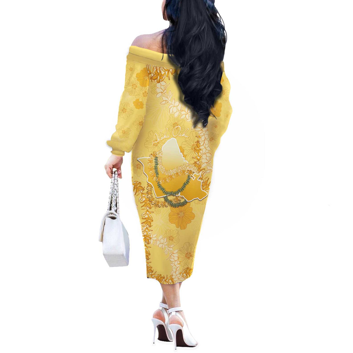 Hawaii Oahu Island Flowers Lei Off The Shoulder Long Sleeve Dress Yellow Ilima Mix Plumeria LT7 - Polynesian Pride