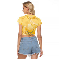 Hawaii Oahu Island Flowers Lei Raglan Cropped T Shirt Yellow Ilima Mix Plumeria LT7 - Polynesian Pride