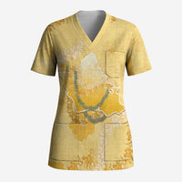 Hawaii Oahu Island Flowers Lei Scrub Top Yellow Ilima Mix Plumeria