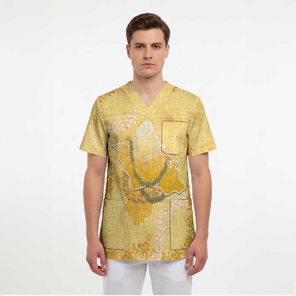 Hawaii Oahu Island Flowers Lei Scrub Top Yellow Ilima Mix Plumeria