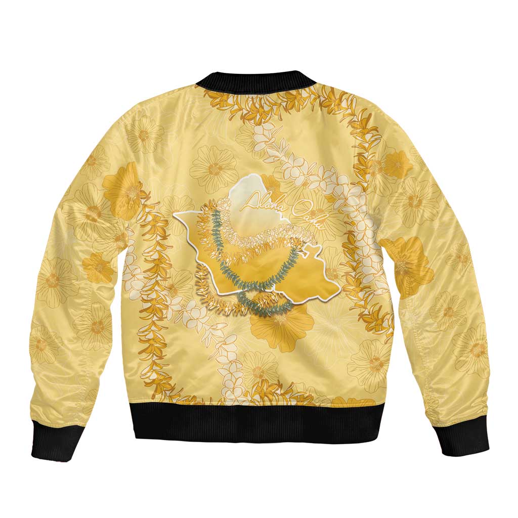 Hawaii Oahu Island Flowers Lei Sleeve Zip Bomber Jacket Yellow Ilima Mix Plumeria LT7 - Polynesian Pride
