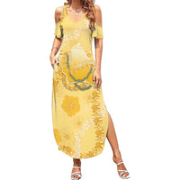 Hawaii Oahu Island Flowers Lei Summer Maxi Dress Yellow Ilima Mix Plumeria LT7 Women Yellow - Polynesian Pride