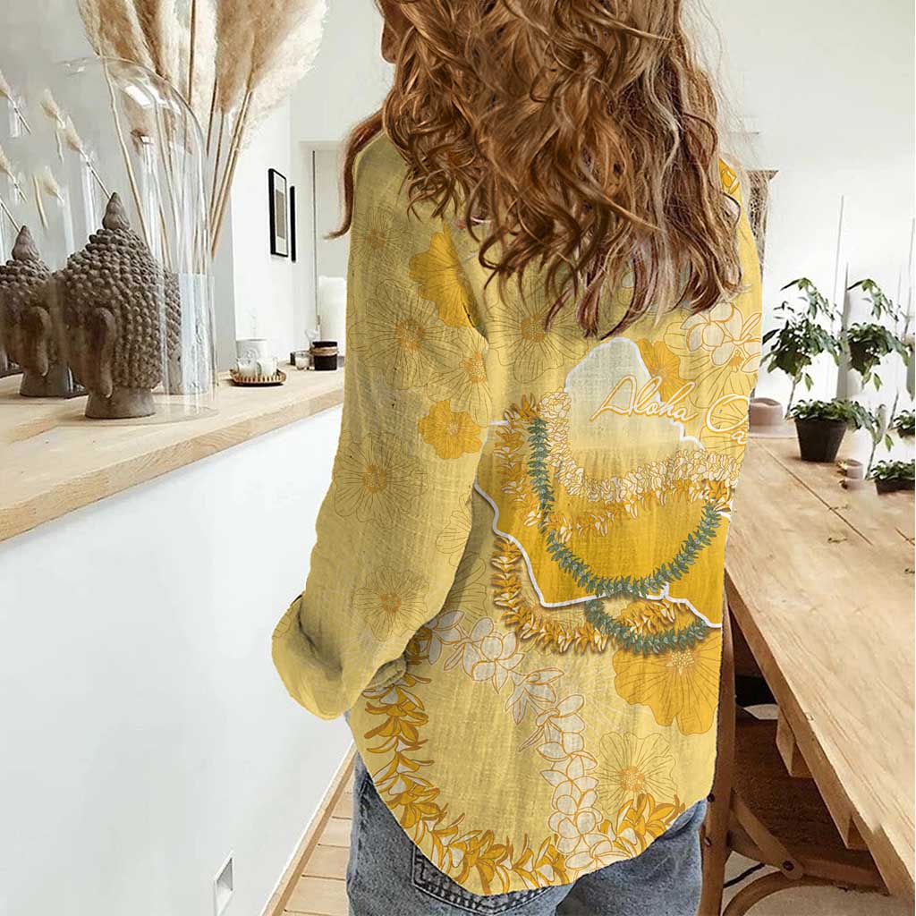 Hawaii Oahu Island Flowers Lei Women Casual Shirt Yellow Ilima Mix Plumeria LT7 - Polynesian Pride
