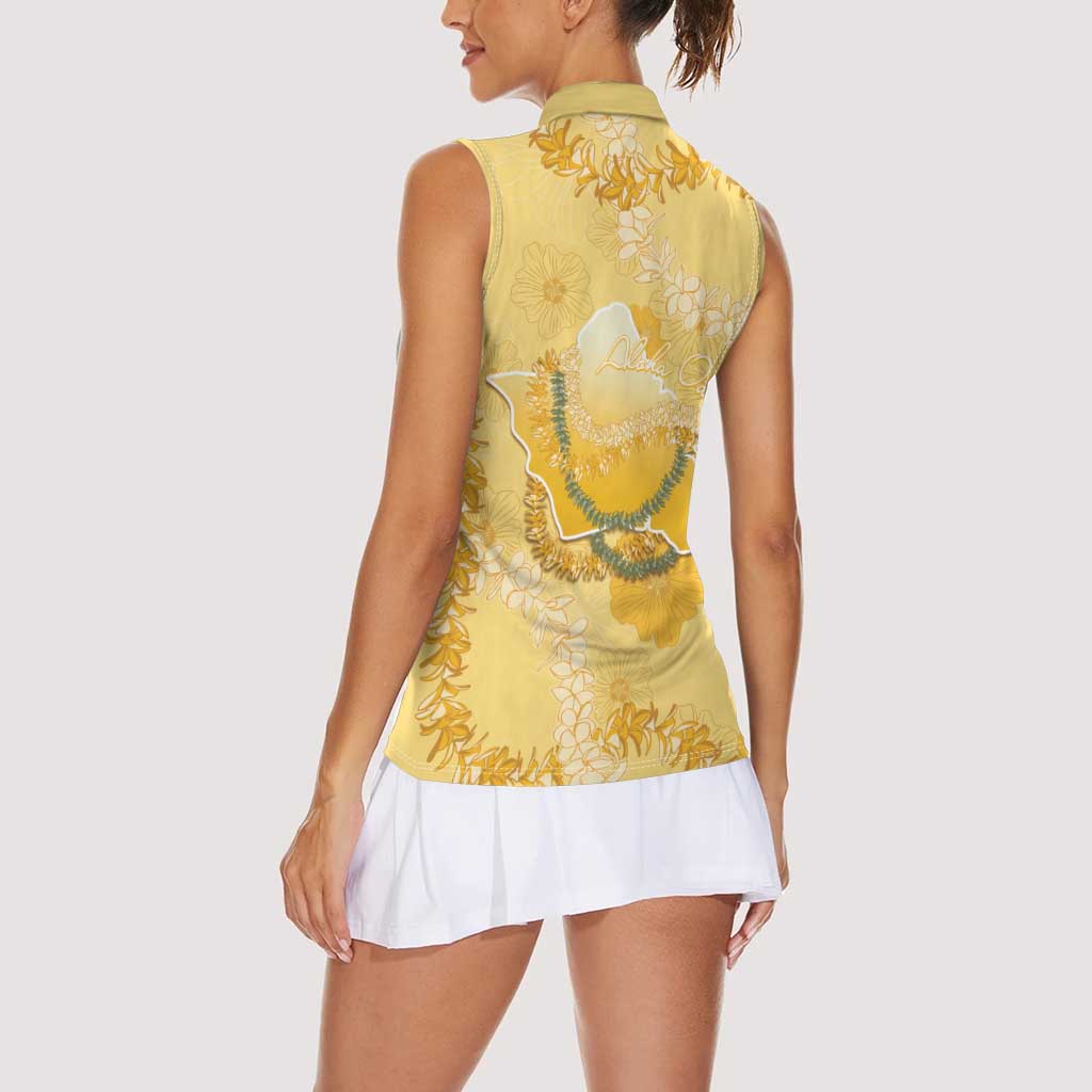 Hawaii Oahu Island Flowers Lei Women Sleeveless Polo Shirt Yellow Ilima Mix Plumeria LT7 - Polynesian Pride