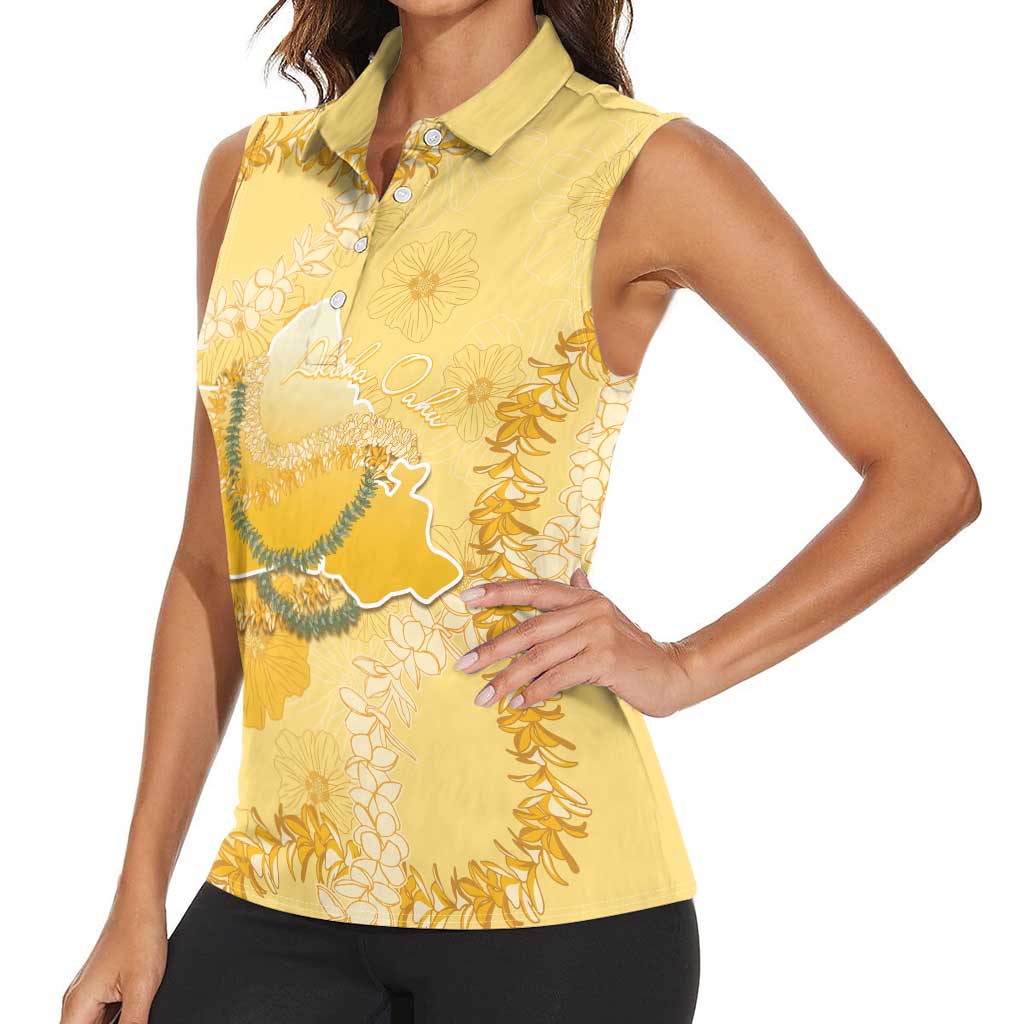 Hawaii Oahu Island Flowers Lei Women Sleeveless Polo Shirt Yellow Ilima Mix Plumeria LT7 - Polynesian Pride