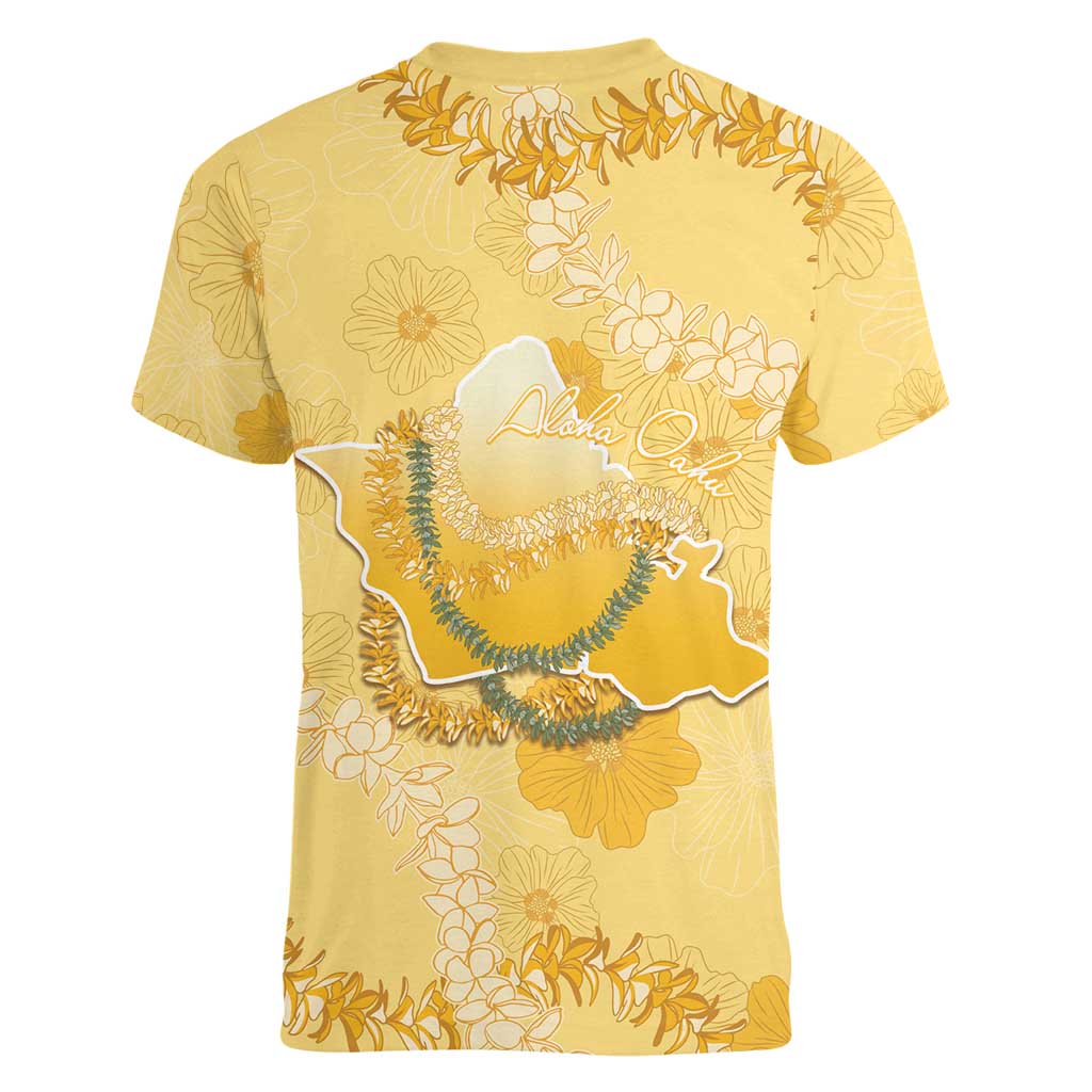 Hawaii Oahu Island Flowers Lei Women V-Neck T-Shirt Yellow Ilima Mix Plumeria LT7 - Polynesian Pride