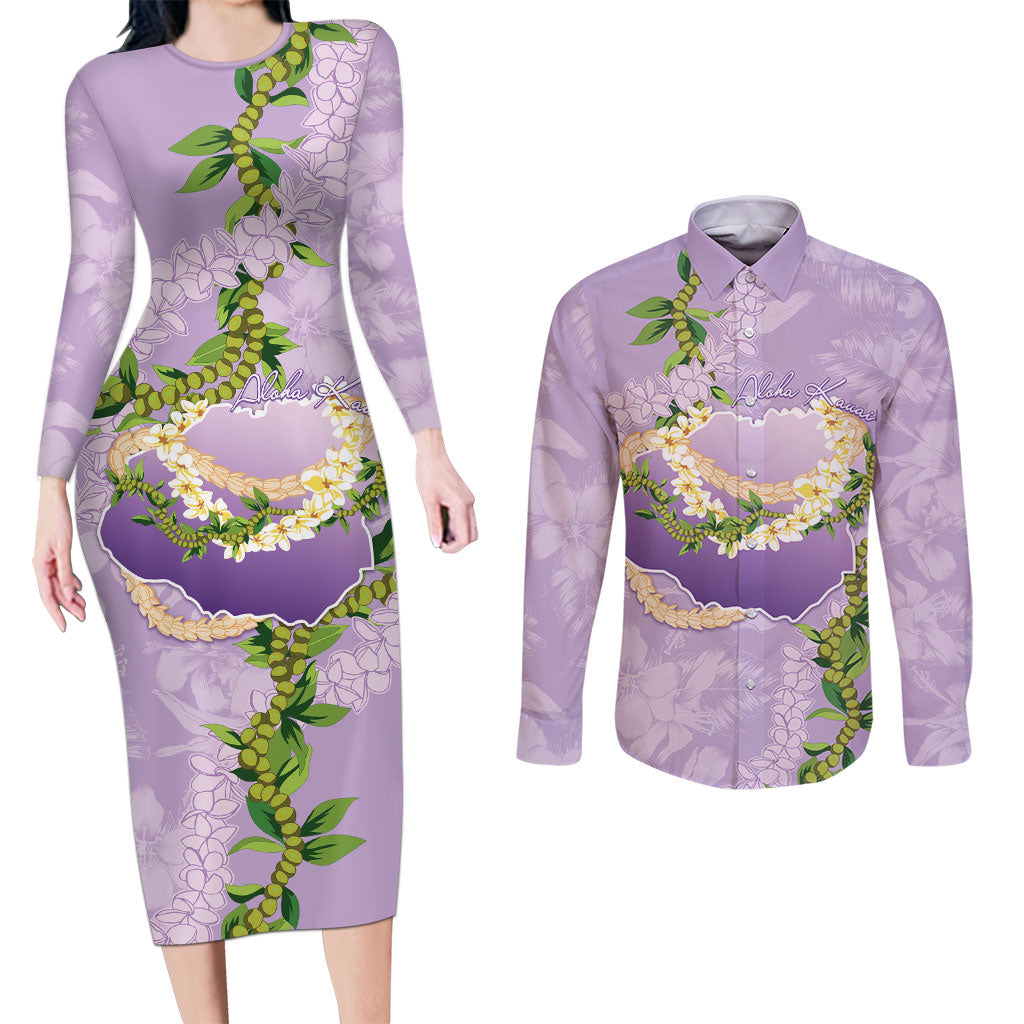 Hawaii Kauai Island Flowers Lei Couples Matching Long Sleeve Bodycon Dress and Long Sleeve Button Shirt Mokihana Lei LT7 Lavender - Polynesian Pride