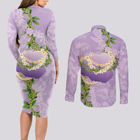 Hawaii Kauai Island Flowers Lei Couples Matching Long Sleeve Bodycon Dress and Long Sleeve Button Shirt Mokihana Lei LT7 - Polynesian Pride