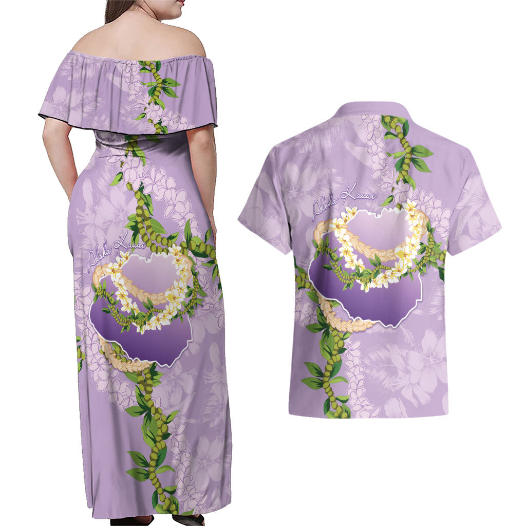 Hawaii Kauai Island Flowers Lei Couples Matching Off Shoulder Maxi Dress and Hawaiian Shirt Mokihana Lei LT7 - Polynesian Pride