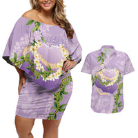 Hawaii Kauai Island Flowers Lei Couples Matching Off Shoulder Short Dress and Hawaiian Shirt Mokihana Lei LT7 Lavender - Polynesian Pride