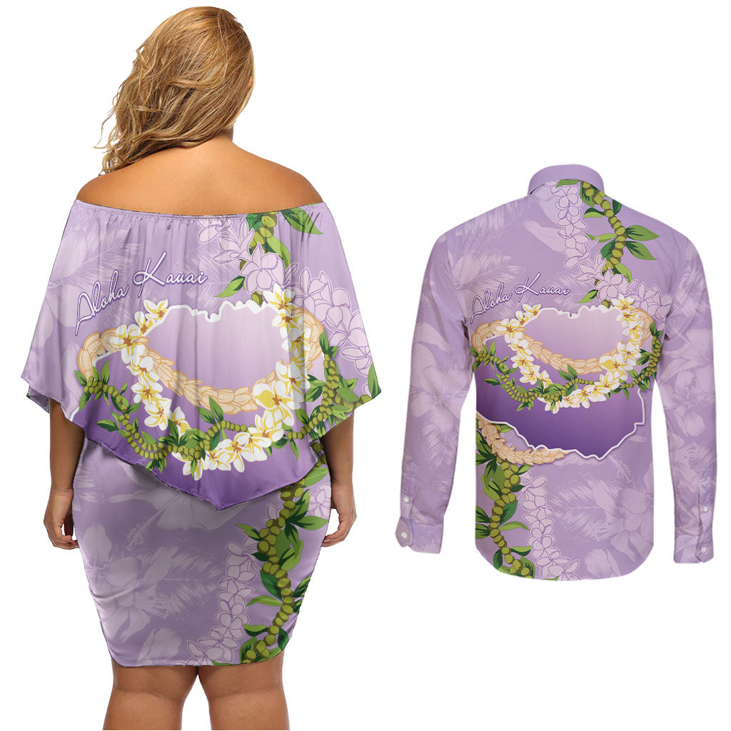 Hawaii Kauai Island Flowers Lei Couples Matching Off Shoulder Short Dress and Long Sleeve Button Shirt Mokihana Lei LT7 - Polynesian Pride
