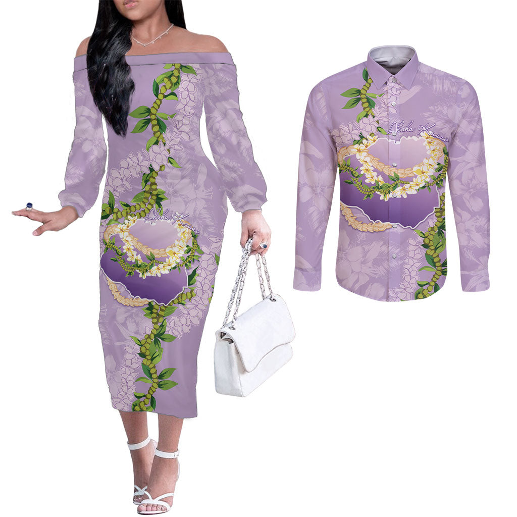 Hawaii Kauai Island Flowers Lei Couples Matching Off The Shoulder Long Sleeve Dress and Long Sleeve Button Shirt Mokihana Lei LT7 Lavender - Polynesian Pride