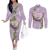 Hawaii Kauai Island Flowers Lei Couples Matching Off The Shoulder Long Sleeve Dress and Long Sleeve Button Shirt Mokihana Lei LT7 Lavender - Polynesian Pride