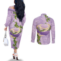 Hawaii Kauai Island Flowers Lei Couples Matching Off The Shoulder Long Sleeve Dress and Long Sleeve Button Shirt Mokihana Lei LT7 - Polynesian Pride