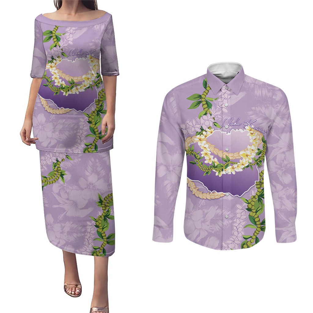 Hawaii Kauai Island Flowers Lei Couples Matching Puletasi and Long Sleeve Button Shirt Mokihana Lei LT7 Lavender - Polynesian Pride